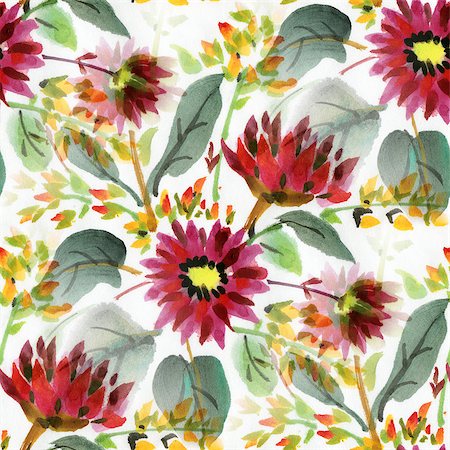 simsearch:400-08290626,k - Seamless pattern with watercolor flowers. Red and orange flowers on a white background. Stock Photo - Budget Royalty-Free & Subscription, Code: 400-08286284