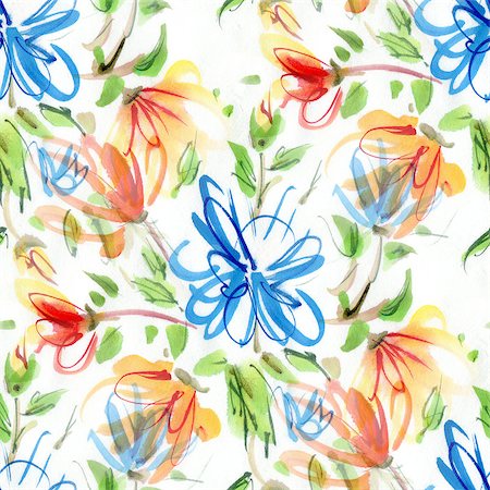 simsearch:400-08285670,k - Seamless pattern with watercolor flowers. Blue and orange flowers in doodle style. Foto de stock - Super Valor sin royalties y Suscripción, Código: 400-08286285