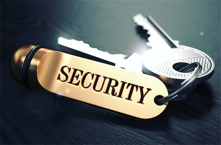 Security Concept. Keys with Golden Keyring on Black Wooden Table. Closeup View, Selective Focus, 3D Render. Toned Image. Photographie de stock - Aubaine LD & Abonnement, Code: 400-08287721