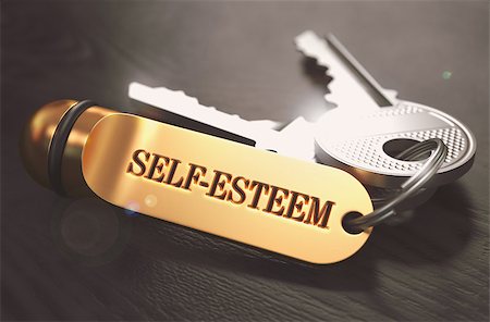 simsearch:400-08289045,k - Self-Esteem - Bunch of Keys with Text on Golden Keychain. Black Wooden Background. Closeup View with Selective Focus. 3D Illustration. Toned Image. Stock Photo - Budget Royalty-Free & Subscription, Code: 400-08287744