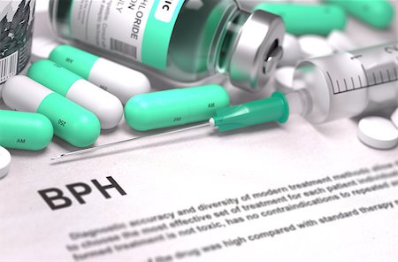 BPH - Benign Prostatic Hyperplasia - Printed Diagnosis with Mint Green Pills, Injections and Syringe. Medical Concept with Selective Focus. Stock Photo - Budget Royalty-Free & Subscription, Code: 400-08288396