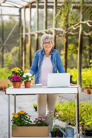flower sale - Beautiful mature woman working in a greenhouse, looking at camera and smiling Stock Photo - Budget Royalty-Free & Subscription, Code: 400-08289259