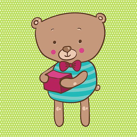 vector illustration of a cute bear with a gift in hands on green background Stock Photo - Budget Royalty-Free & Subscription, Code: 400-08289276