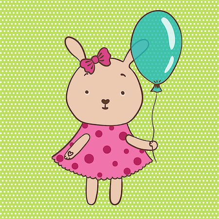 vector illustration of bunny in a pink dress with a balloon in the hands on light green background Stock Photo - Budget Royalty-Free & Subscription, Code: 400-08289278