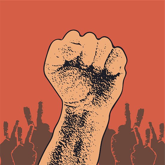 Hand Up Proletarian Revolution - Vector Illustration Concept in Soviet Union Agitation Style. Fist of revolution. Human hand up. Red background. Design element. Foto de stock - Sin royalties, Artista: Diddle, Código de la imagen: 400-08289310