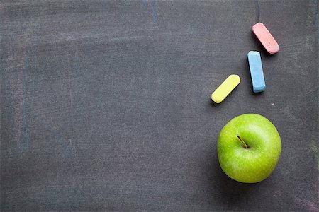 simsearch:400-07041220,k - Colorful chalk and apple on blackboard background. Top view with copy space Stock Photo - Budget Royalty-Free & Subscription, Code: 400-08289554