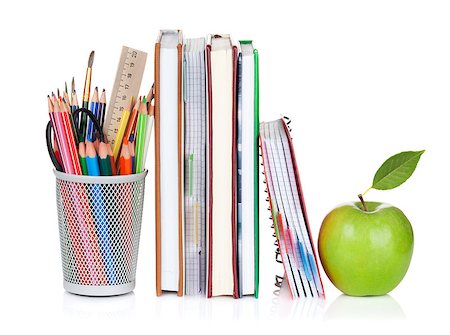 simsearch:400-07481880,k - School and office supplies. Notepads, colorful pencils and apple. Isolated on white background Fotografie stock - Microstock e Abbonamento, Codice: 400-08289620