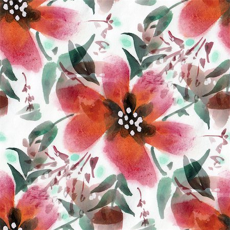 simsearch:400-08285670,k - Seamless pattern with watercolor flowers. Red flowers on a white background. Foto de stock - Super Valor sin royalties y Suscripción, Código: 400-08289668