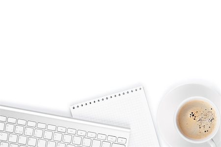 Office desk table with computer, supplies and coffee cup. Isolated on white background Stock Photo - Budget Royalty-Free & Subscription, Code: 400-08289661