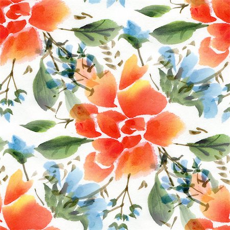 simsearch:400-08285670,k - Seamless pattern with watercolor flowers. Orange flowers on a white background. Foto de stock - Super Valor sin royalties y Suscripción, Código: 400-08289670