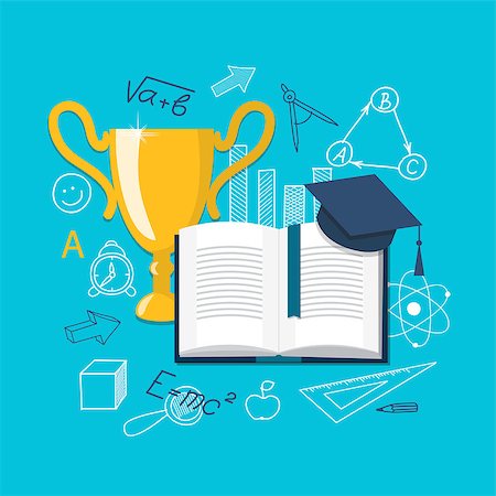 simsearch:400-08628684,k - Flat design modern vector illustration  concept of  school, university, online education, study, training with book, academic cap and winner cup - eps 10 Foto de stock - Super Valor sin royalties y Suscripción, Código: 400-08289739