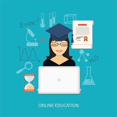 Flat design modern vector illustration concept of  school, education, study, training with girl,  clock, computer and diploma - eps 10 Photographie de stock - Aubaine LD & Abonnement, Code: 400-08289742