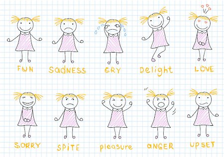 simsearch:400-07579826,k - Set of emotions a little girl. Sketch on notebook page Stock Photo - Budget Royalty-Free & Subscription, Code: 400-08289759