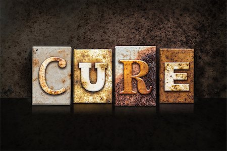 simsearch:400-08166276,k - The word "CURE" written in rusty metal letterpress type on a dark grunge background. Stock Photo - Budget Royalty-Free & Subscription, Code: 400-08289924