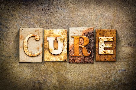 simsearch:400-07754312,k - The word "CURE" written in rusty metal letterpress type on an old aged leather background. Photographie de stock - Aubaine LD & Abonnement, Code: 400-08289925