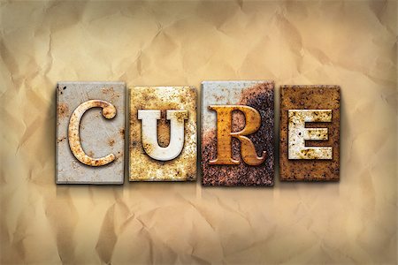 simsearch:400-07754312,k - The word "CURE" written in rusty metal letterpress type on a crumbled aged paper background. Photographie de stock - Aubaine LD & Abonnement, Code: 400-08289922