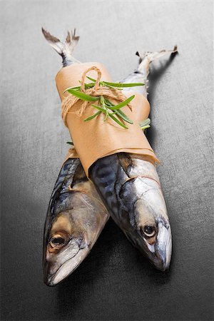 simsearch:400-08070549,k - Two fresh mackerel fish isolated on black background. Culinary seafood eating. Stockbilder - Microstock & Abonnement, Bildnummer: 400-08282868