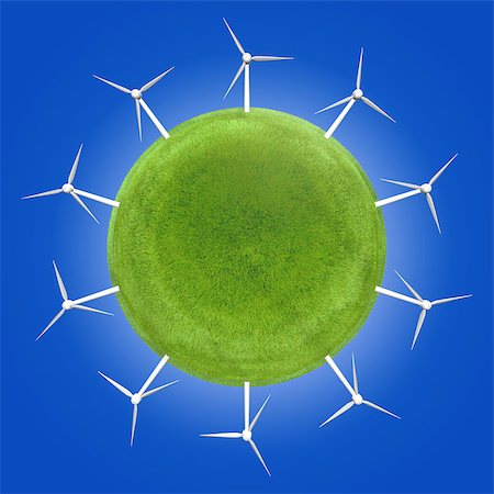 Wind turbines around a green planet symbolizing clean energies. Innovation must be utilized to promote renewable energies for a better future. Stock Photo - Budget Royalty-Free & Subscription, Code: 400-08283076