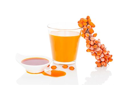 Sea buckthorn juice, oil and berries isolated on white background. Natural detox. Stock Photo - Budget Royalty-Free & Subscription, Code: 400-08283311