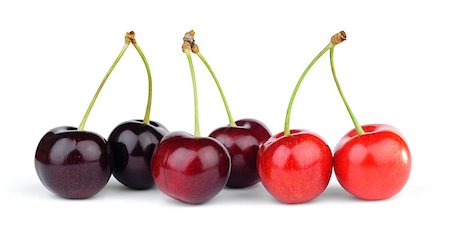 simsearch:400-05147624,k - Three pairs of different varieties of sweet cherries on stalk, isolated on white background. Foto de stock - Super Valor sin royalties y Suscripción, Código: 400-08283531