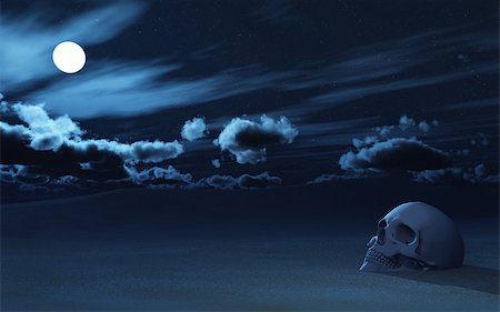 3D render of a skull partially buried in sand against night sky Stock Photo - Budget Royalty-Free & Subscription, Code: 400-08294322