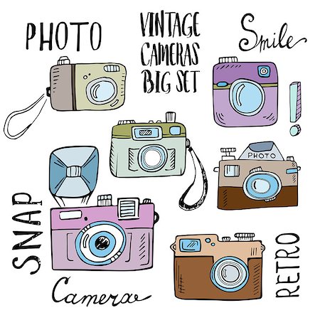 simsearch:400-07170780,k - Hand drawn set of retro cameras with lettering. Vector illustration isolated on white background. Stock Photo - Budget Royalty-Free & Subscription, Code: 400-08294414