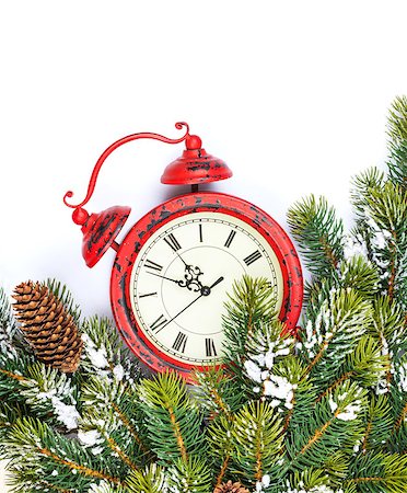Christmas background with clock, snow fir tree. Isolated on white background Stock Photo - Budget Royalty-Free & Subscription, Code: 400-08295046