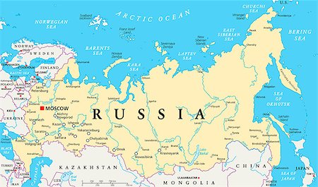 Russia political map with capital Moscow, national borders, important cities, rivers and lakes. English labeling and scaling. Illustration. Fotografie stock - Microstock e Abbonamento, Codice: 400-08295079