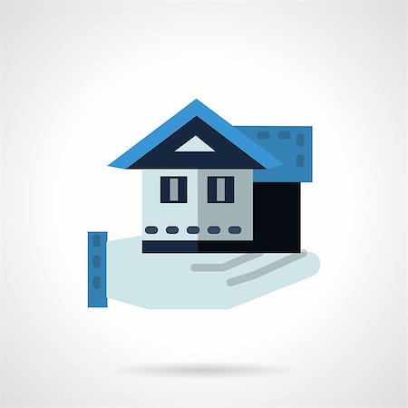 Rent of property or house insurance symbol. Hand holds a house. Blue color flat style vector icon. Web design elements for business and site. Photographie de stock - Aubaine LD & Abonnement, Code: 400-08295122