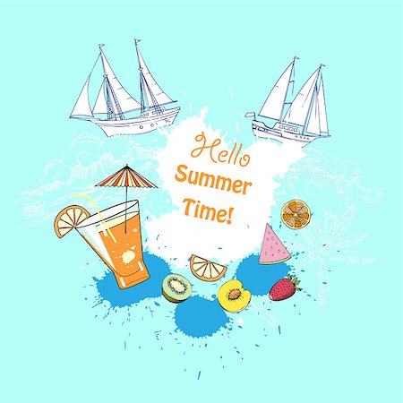 party beverage sketches - Summer background with cocktail glass, fruit and ships. Vector Illustration Stock Photo - Budget Royalty-Free & Subscription, Code: 400-08295182