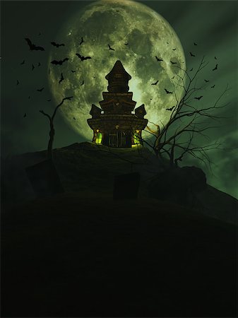 3D Halloween background with a haunted castle and bats in the sky Stock Photo - Budget Royalty-Free & Subscription, Code: 400-08295230