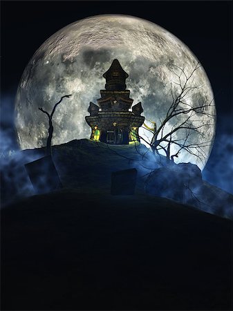 3D render of a Halloween spooky castle against a moonlit sky Stock Photo - Budget Royalty-Free & Subscription, Code: 400-08295248