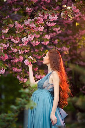 effect - Beautiful pregnant woman smells blossom, outdoor in nature. Stock Photo - Budget Royalty-Free & Subscription, Code: 400-08295959