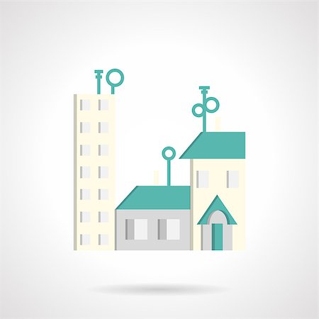 simsearch:400-07033344,k - Cityscape with residential houses with blue roof. Symbols for rental of property, housing. Flat color vector icon. Design elements for site, business or mobile. Foto de stock - Royalty-Free Super Valor e Assinatura, Número: 400-08296115