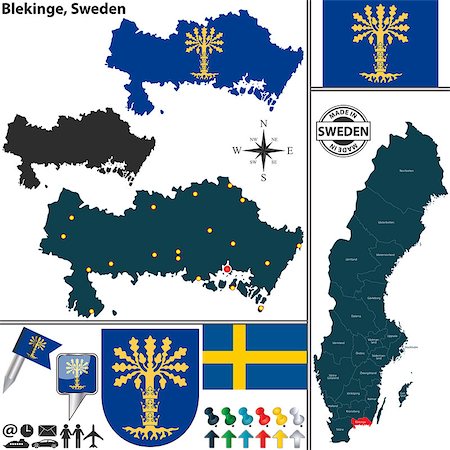 simsearch:400-08192906,k - Vector map of county Blekinge with coat of arms and location on Sweden map Photographie de stock - Aubaine LD & Abonnement, Code: 400-08296252