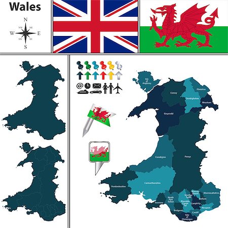 Vector map of Wales with principal areas and flags Stock Photo - Budget Royalty-Free & Subscription, Code: 400-08296262