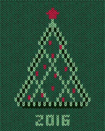 Christmas tree with red stylized star and balls. New year 2016 vintage card. Knitted hand made embroidery seamless pattern Stock Photo - Budget Royalty-Free & Subscription, Code: 400-08296419