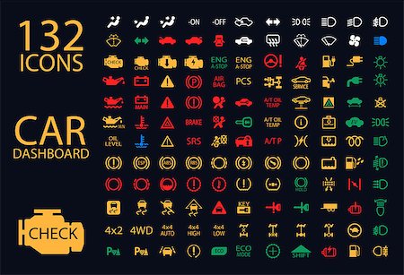 vector collection of car dashboard panel indicators, yellow red green blue indicators 132 icons Fotografie stock - Microstock e Abbonamento, Codice: 400-08296428