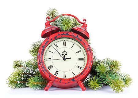 Christmas clock and snow fir tree. Isolated on white background Stock Photo - Budget Royalty-Free & Subscription, Code: 400-08296837