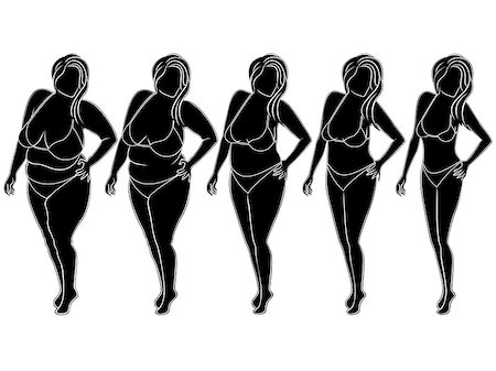 fat woman in bathing suit - Five stages of abstract woman on the way to lose weight, black and white vector silhouettes isolated on white background Stock Photo - Budget Royalty-Free & Subscription, Code: 400-08297077