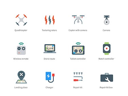Romote control vector color icons set. Technology items, different equipment, quadrocopters, drones, remote control, camera, tablet, repair kit box. Isolated on white background Stock Photo - Budget Royalty-Free & Subscription, Code: 400-08297732