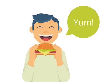 Happy boy eating a big hamburger. Isolated on white with green bubble and text yum Stock Photo - Budget Royalty-Free & Subscription, Code: 400-08297740