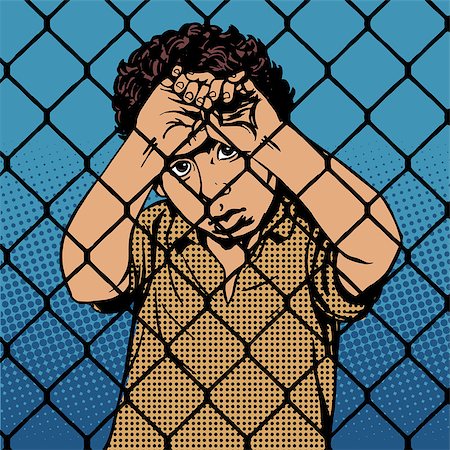 Child boy refugee migrants behind bars the prison boundary pop art retro vintage style. International Migrants Day 18 December Stock Photo - Budget Royalty-Free & Subscription, Code: 400-08297763