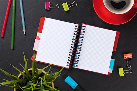 simsearch:400-08287336,k - Office leather desk table with supplies, coffee cup and flower. Top view with copy space Stock Photo - Budget Royalty-Free & Subscription, Code: 400-08298045