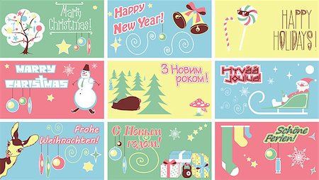 santa claus ski - Marry Christmas New Year Holidays Humor Cards. It contains an inscription in German, Finnish, Ukrainian and Russian. Translations: "Merry Christmas!", "Happy New Year!", "Happy Holidays!" Stock Photo - Budget Royalty-Free & Subscription, Code: 400-08298277