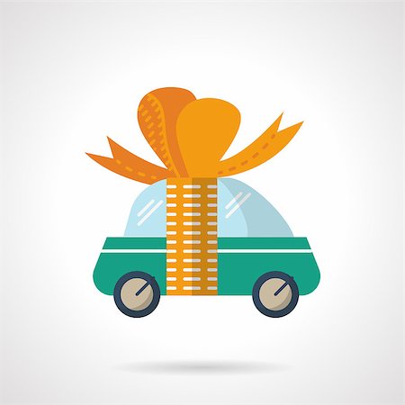 Green cute car with orange ribbon with bow. New car, car gift. Flat color style vector icon. Single web design element for site or mobile app. Stock Photo - Budget Royalty-Free & Subscription, Code: 400-08298364