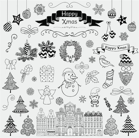 snowman snow angels - Set of Black Hand Drawn Artistic Christmas Doodle Icons. Xmas Vector Illustration. Sketched Decorative Design Elements, Cartoons. New Year Stock Photo - Budget Royalty-Free & Subscription, Code: 400-08298489