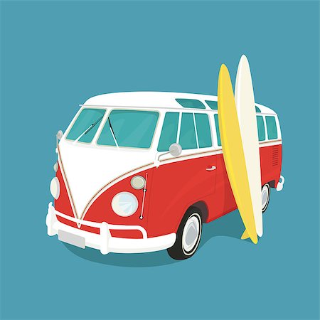 surfer senior - Retro illustration of red and white surfer bus with two surfboards. Isolated on blue background. Stock Photo - Budget Royalty-Free & Subscription, Code: 400-08298525