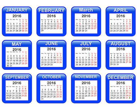 a full calendar for 2016 on a white background Foto de stock - Royalty-Free Super Valor e Assinatura, Número: 400-08298742