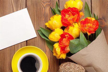 simsearch:400-07662543,k - Colorful tulips bouquet, blank greeting card and coffee cup on wooden table Stock Photo - Budget Royalty-Free & Subscription, Code: 400-08298838